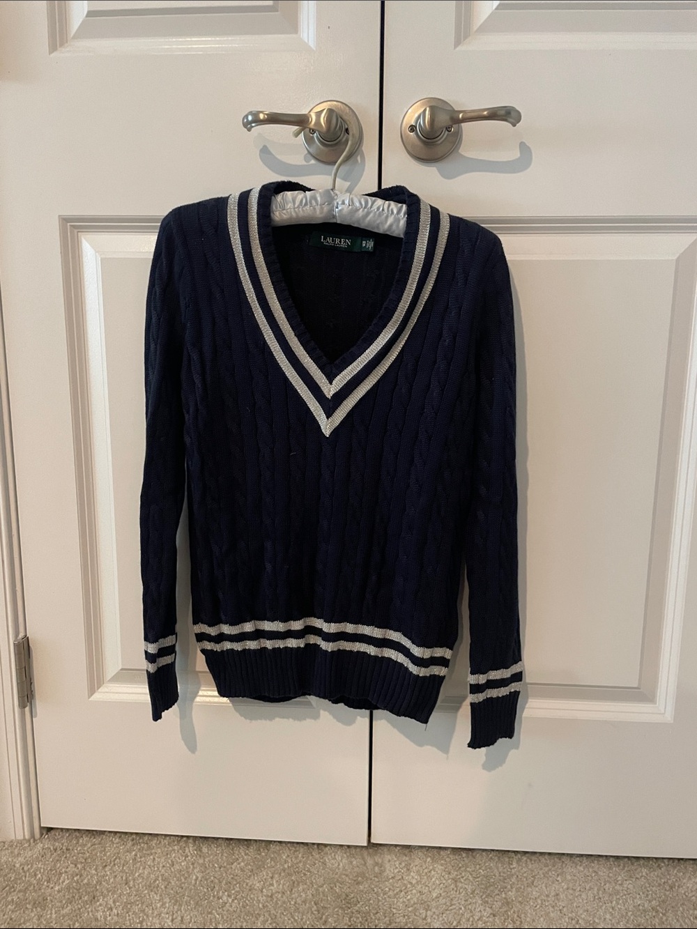 Lauren Ralph Lauren Navy V-Neck Cable-Knit Sweater with silver trim